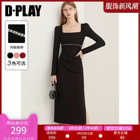 DPLAY新法式赫本风经典黑捏褶侧开衩闪钻连衣裙轻礼服小黑裙图片