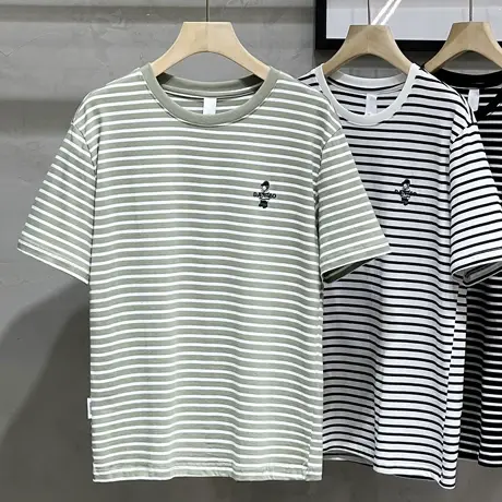 纯棉复古情侣体恤小熊刺绣男士t短袖撞色打底衫潮流黑白条纹t恤男商品大图