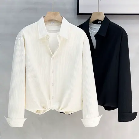 美式休闲白衬衫男长袖春秋华夫格宽松薄外套休闲男士衬衣抗皱上衣商品大图