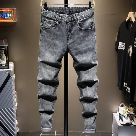 夏季薄款潮牌简约牛仔裤男修身小脚男士高档黑色弹性长裤子男百搭图片