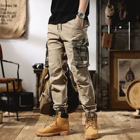 迷彩拼接工装裤子男宽松直筒潮牌2022夏季薄款休闲裤男阔腿束脚裤商品大图