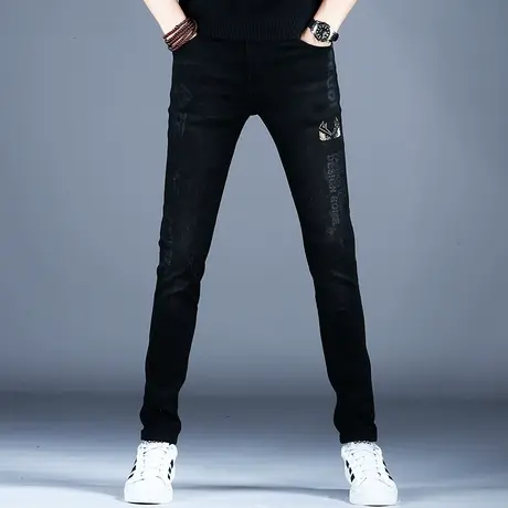 新款高档印花黑色牛仔裤男秋冬弹力潮牌潮流裤子男士休闲美式高街商品大图