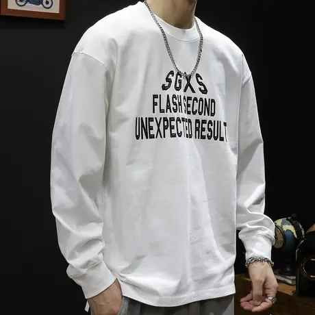 纯棉白色长袖t恤男潮牌宽松大码字母2024新款男士内搭打底衫春秋商品大图