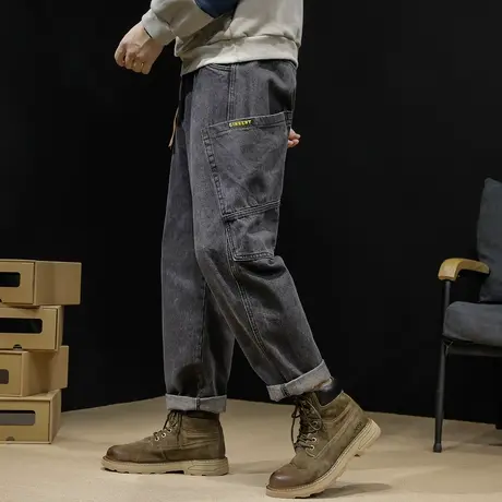 大口袋工装牛仔裤男宽松直筒潮牌春秋2024新款日系哈伦潮胖子大码商品大图