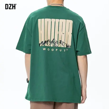 男生绿色印花重磅t恤男短袖ins潮流纯棉半袖体恤衫男款宽松半截袖商品大图