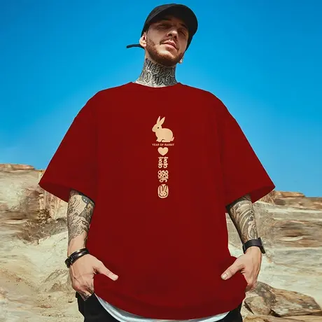 红色短袖t恤男胖子2025新款纯棉夏季青少年百搭大码衣服半袖D潮流商品大图