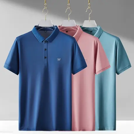 polo衫男夏季冰丝短袖t恤潮流翻领纯色宽松款衬衫领男士休闲上衣商品大图