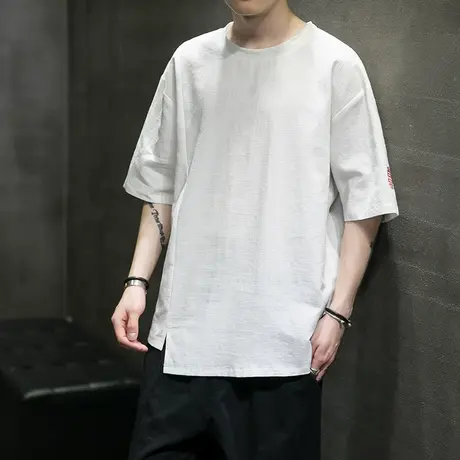 2025夏季新款男短袖T恤中国风男装棉麻复古刺绣标衣服亚麻体恤衫图片