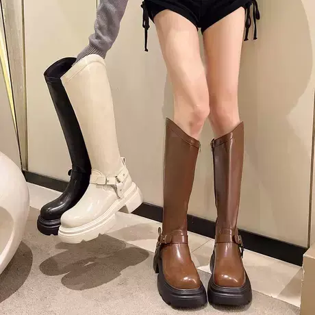 厚底长筒靴女2023春秋季新款英伦风超火机车瘦瘦靴粗跟高跟骑士靴图片