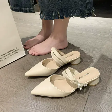 包头半拖鞋女2024年春夏新款仙女风珍珠凉拖气质粗跟配裙子穆勒鞋商品大图