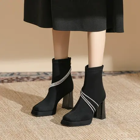 方头粗跟水钻高跟短靴女2024秋冬新款后拉链厚底马丁靴法式瘦瘦靴商品大图