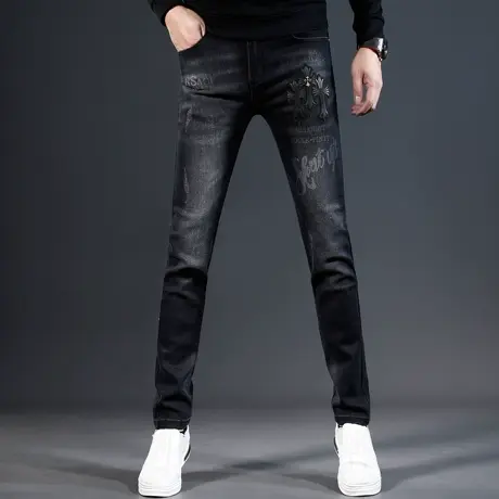 欧美牛仔裤男款修身小脚秋冬款刺绣印花端弹力潮流男士裤子黑色商品大图