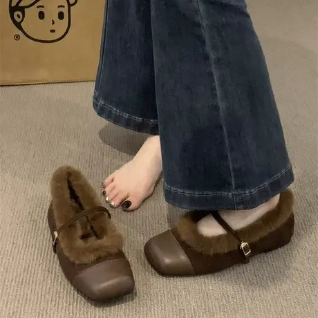 复古仙女风软底毛毛鞋女秋冬外穿2023新款加绒方头玛丽珍单鞋平底商品大图