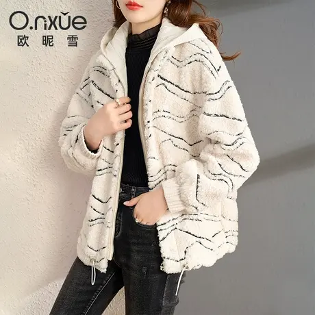 欧昵雪2023秋冬季新款灯芯绒连帽宽松颗粒绒外套女慵懒风毛绒大衣商品大图