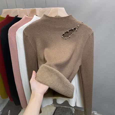 一体绒半高领毛衣女加绒厚打底衫2023秋冬新款钉珠针织衫内搭上衣图片