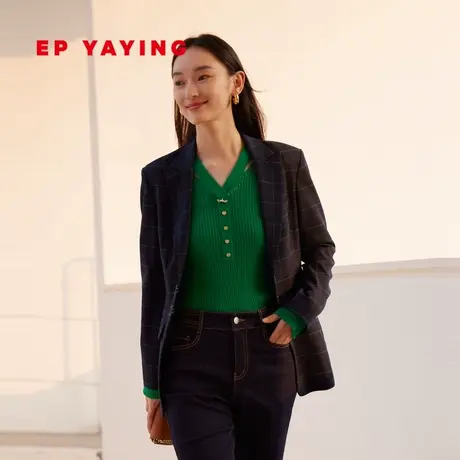 EP雅莹正装 美利奴羊毛格纹戗驳领西装外套女 2023新款1135A商品大图