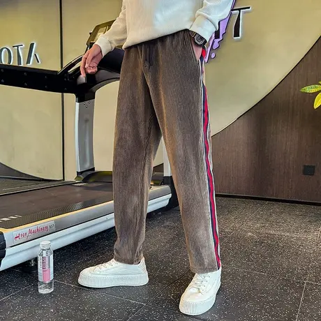 灯芯绒加厚男裤冬季2023新款潮流撞色拼接阔腿宽松直筒加绒休闲裤商品大图