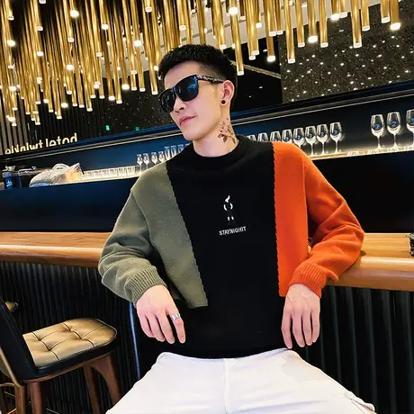 2023冬季男士撞色毛衣刺绣宽松套头线衣潮牌潮流个性针织衫打底衫商品大图