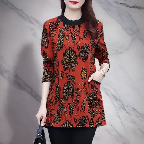 加绒打底衫女2024新款秋冬国风中长款新年红色妈妈上衣遮屁股大码商品大图