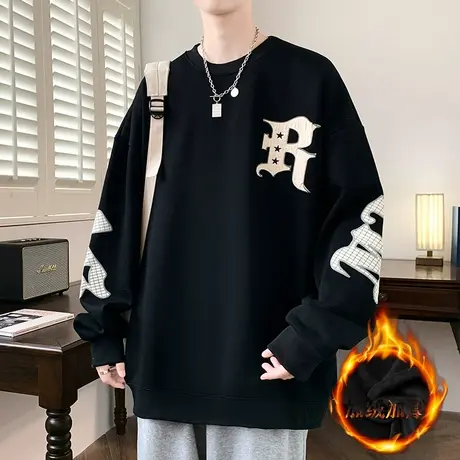 秋冬款圆领卫衣男生加绒加厚潮牌痞帅青少年初中高中学生长袖t恤商品大图