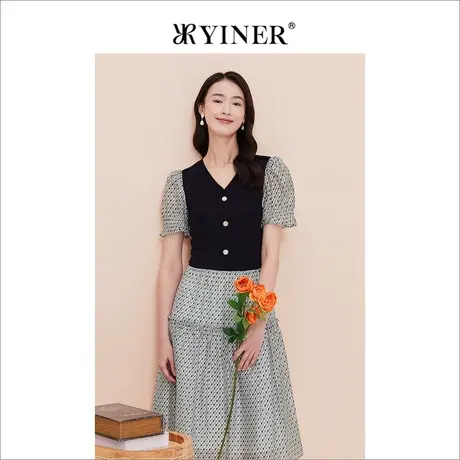YINER音儿线上专选女装2023夏季针织梭织拼接V领收腰连衣裙商品大图