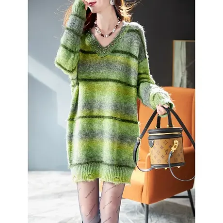 宝诗黎V领中长钉钻条纹毛衣2024新款慵懒百搭春季长袖宽松针织衫图片