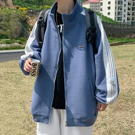 ins秋季新款设计感撞色拼接立领卫衣男小众潮流拉链开衫休闲上衣商品大图