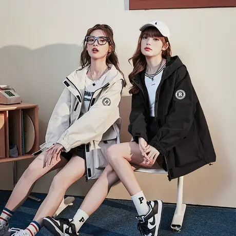 唐狮2023春秋季新款工装外套女宽松早秋运动连帽夹克上衣女宽松潮图片