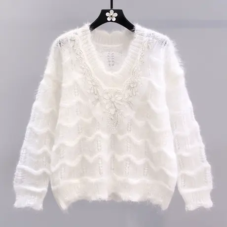 日系甜美钉珠V领套头毛衣女秋冬2023新款宽松高级感洋气针织上衣图片