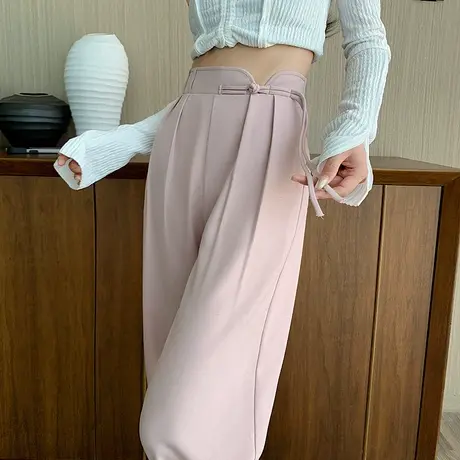 新中式盘扣高腰休闲裤女春装国风小众设计民族风阔腿西装裤直筒裤商品大图