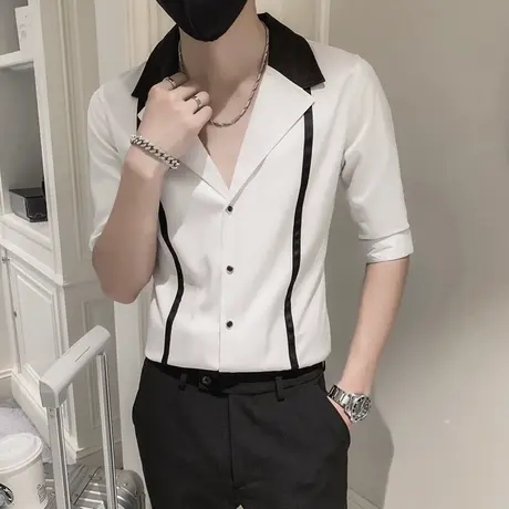 夏季衬衫男士短袖潮流休闲礼服上衣日系夏装设计感七分袖帅气衬衣商品大图