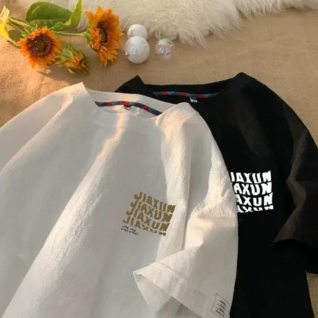 港风短袖t恤男夏季冰丝薄款五分半袖潮牌印花宽松男士体恤上衣服T商品大图