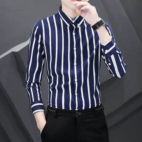 秋装潮流帅气条纹衬衫男士长袖休闲衬衣2023秋季弹力免烫修身寸衫图片