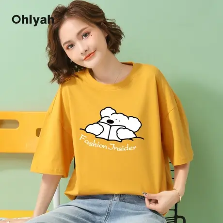 Ohlyah品牌宽松t恤女情侣装小白熊短袖大码纯棉ins潮姜土黄色圆领商品大图
