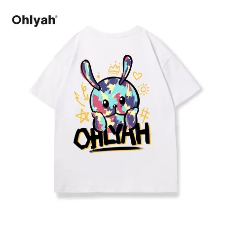 Ohlyah卡通兔子圆领短袖Oversize潮牌休闲宽松男女同款设计感T恤图片