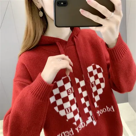 本命年红色新年针织卫衣女连帽宽松套头上衣洋气帽衫秋冬加厚毛衣图片