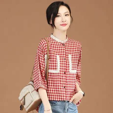 韩潮袭人立领格子五分袖衬衫女2023夏新款宽松设计感小众衬衣薄款商品大图