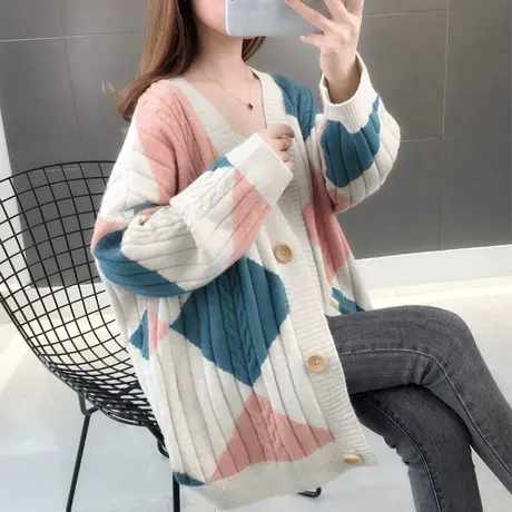 秋季韩版宽松慵懒风开衫毛衣女春秋新款撞色洋气网红针织外套百搭图片