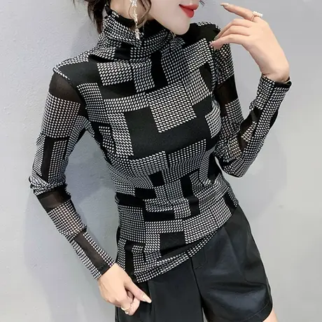 加绒加厚高领打底衫女春秋ins性感网纱T恤女长袖紧身内搭洋气上衣商品大图