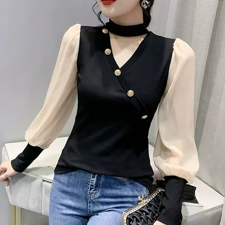 气质泡泡袖打底衫女春秋欧货网纱拼接性感V领上衣别致显瘦T恤长袖图片