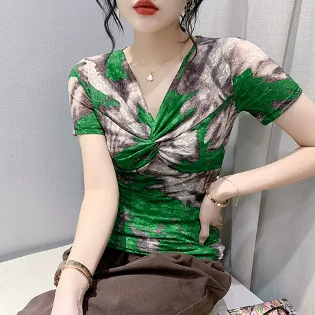 扭结V领T恤女短袖2023夏季新款性感网纱小衫扎染印花上衣修身半袖商品大图
