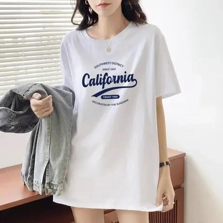 中长款t恤女短袖宽松白色上衣夏季大码显瘦印花半袖体桖内搭打底商品大图
