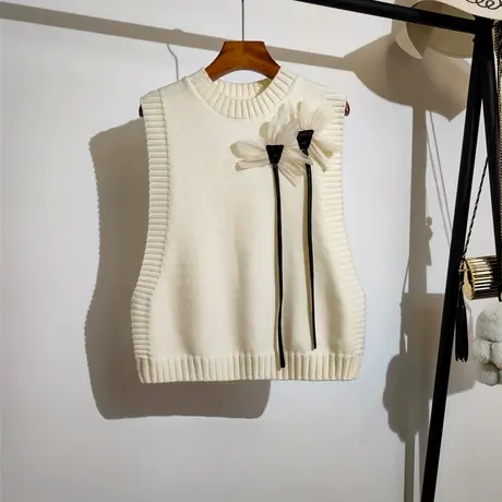 针织马甲背心女外穿春秋新款宽松显瘦设计感小众无袖花朵毛衣坎肩商品大图