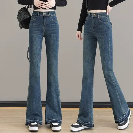 牛仔喇叭裤女春秋季高腰刺绣弹力收腹鱼尾裤复古毛边拼接马蹄裤潮商品大图