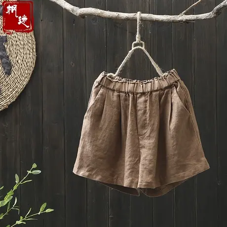 枫谜2019年夏季新款复古文艺宽松休闲棉麻短裤女松紧腰亚麻阔腿裤图片