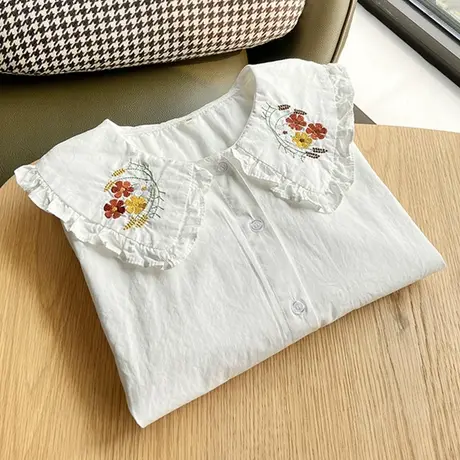 夏装甜美减龄荷叶花边刺绣娃娃领短袖白色衬衫女学生宽松纯棉上衣商品大图