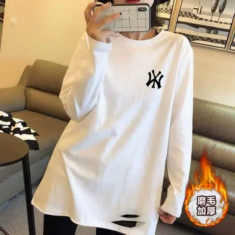 中长款破洞打底衫纯白色长袖t恤女毛边春秋款宽松内搭叠穿上衣潮图片