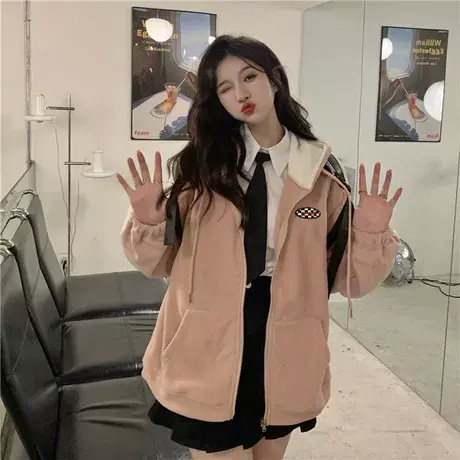 摇粒绒卫衣女2021秋冬宽松韩版ins上衣bf慵懒风加绒加厚开衫外套商品大图