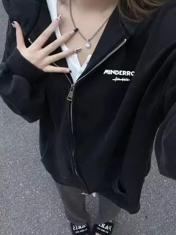 美式复古hiphop卫衣女2023春秋宽松慵懒风连帽小个子薄款开衫外套商品大图