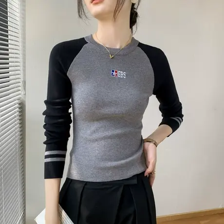 美式插肩袖针织衫女2023早秋新款撞色圆领长袖上衣修身内搭打底衫商品大图